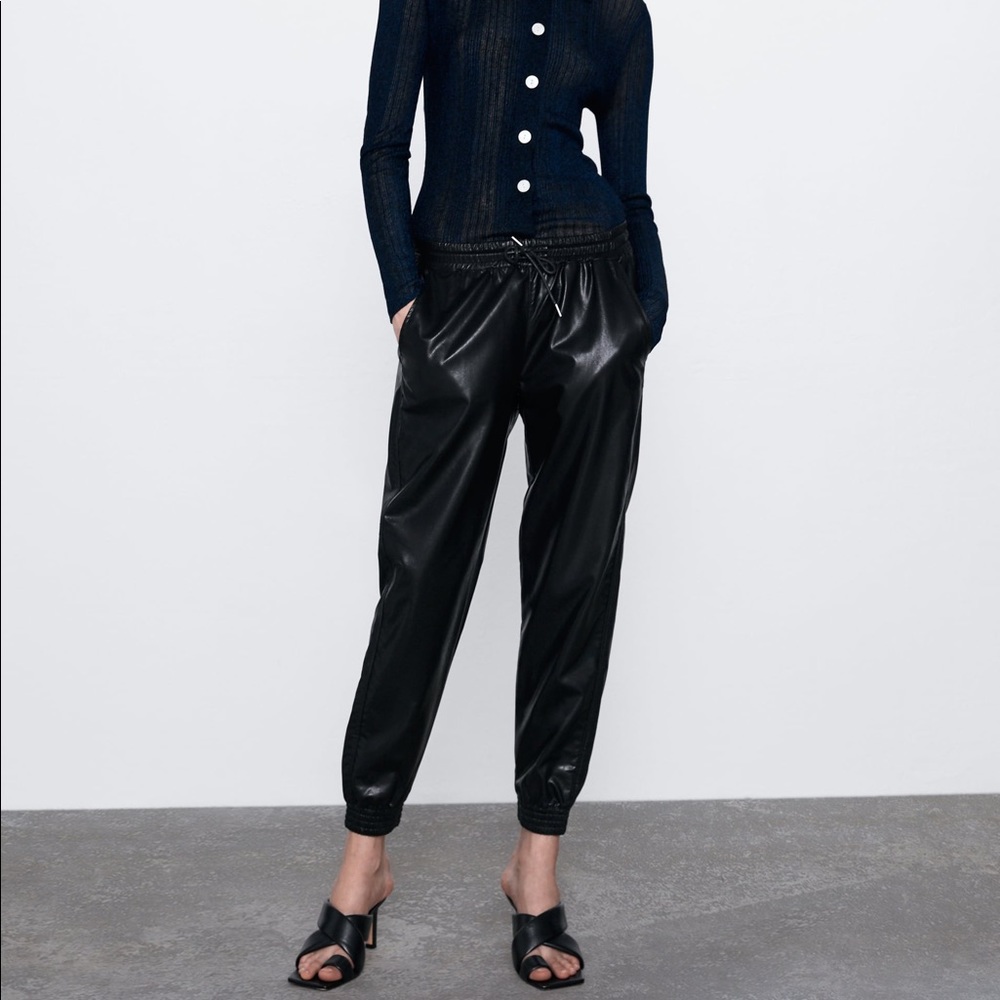 Zara LEATHER JOGGING TROUSER PANT HighWaist Pocket